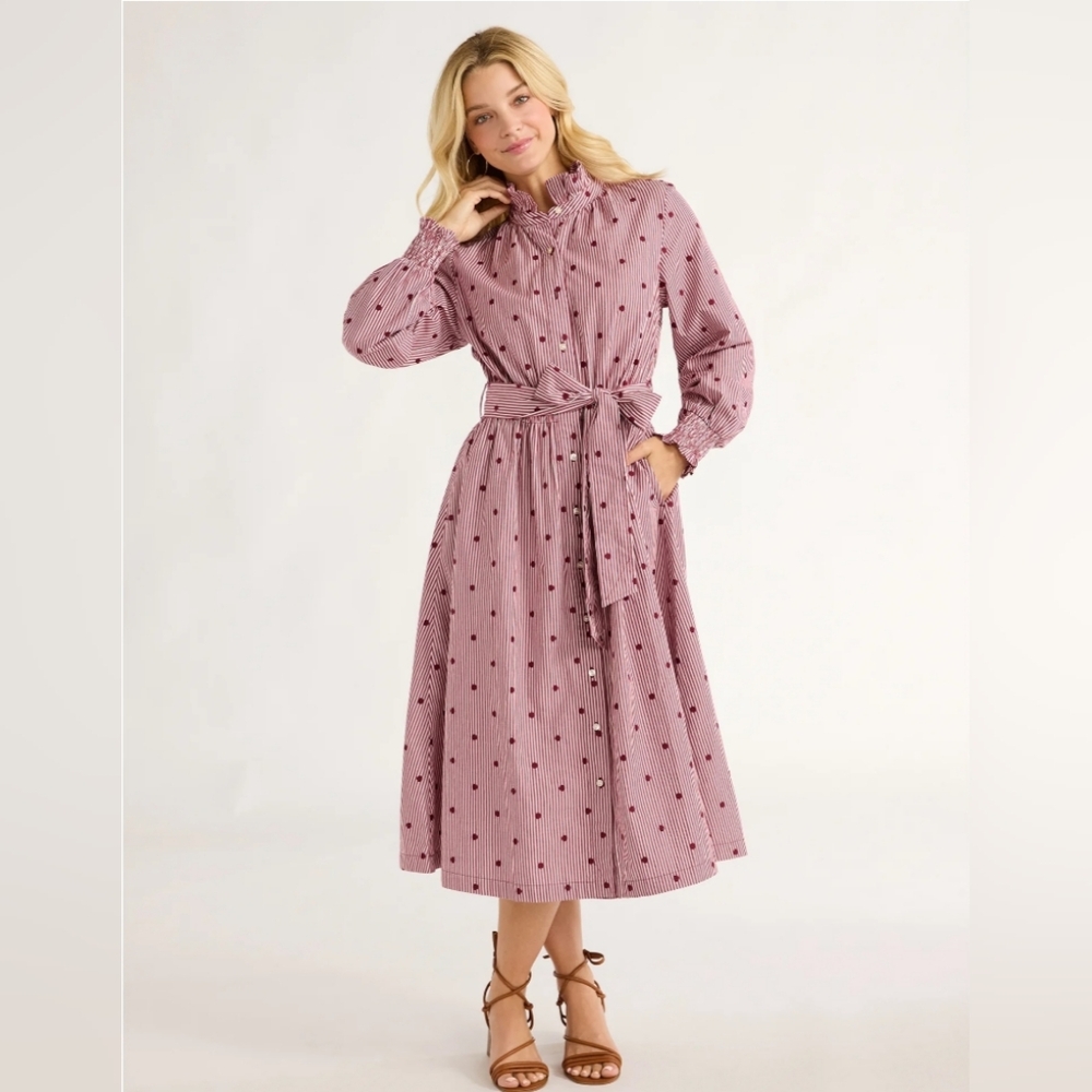 Women’s Long Sleeve Midi Dress in Dusty Pink with Polka Dot